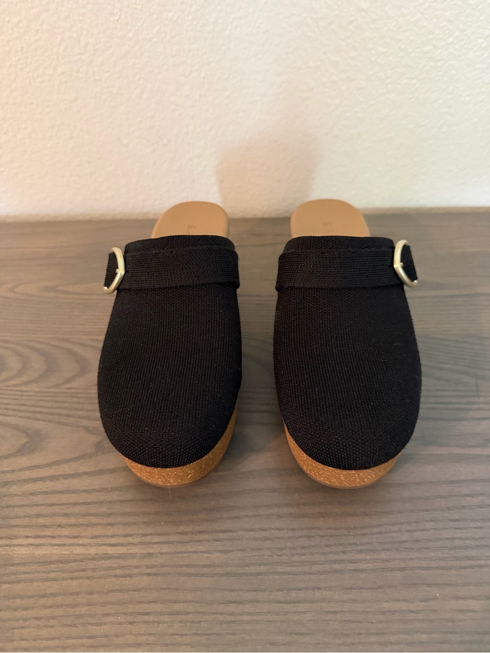 Rothy Black Slip-On Cork Mules with Buckle Accent